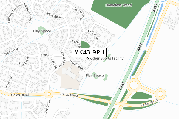 MK43 9PU map - large scale - OS Open Zoomstack (Ordnance Survey)