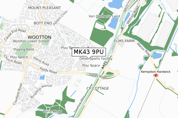 MK43 9PU map - small scale - OS Open Zoomstack (Ordnance Survey)