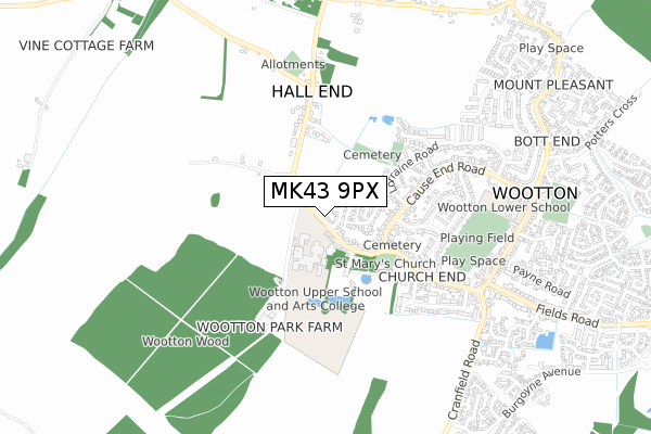 MK43 9PX map - small scale - OS Open Zoomstack (Ordnance Survey)