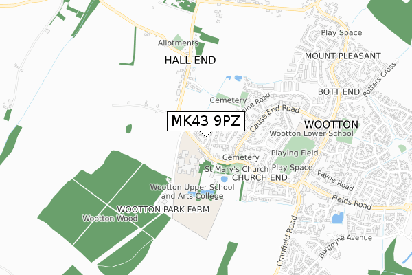 MK43 9PZ map - small scale - OS Open Zoomstack (Ordnance Survey)