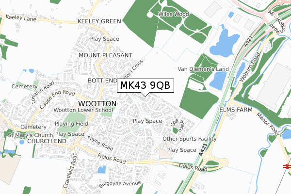 MK43 9QB map - small scale - OS Open Zoomstack (Ordnance Survey)