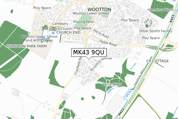 MK43 9QU map - small scale - OS Open Zoomstack (Ordnance Survey)