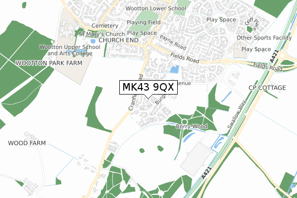 MK43 9QX map - small scale - OS Open Zoomstack (Ordnance Survey)