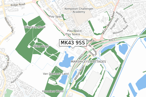 MK43 9SS map - small scale - OS Open Zoomstack (Ordnance Survey)