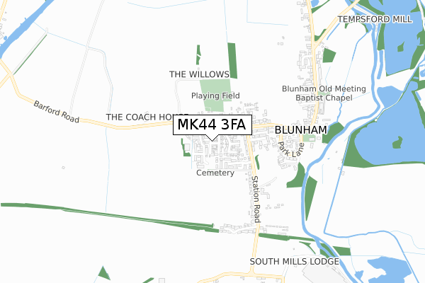 MK44 3FA map - small scale - OS Open Zoomstack (Ordnance Survey)