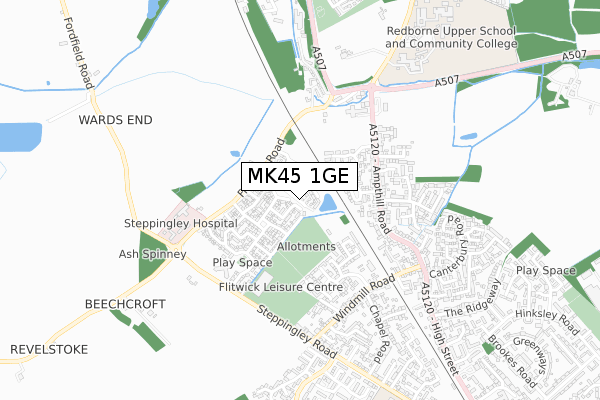 MK45 1GE map - small scale - OS Open Zoomstack (Ordnance Survey)