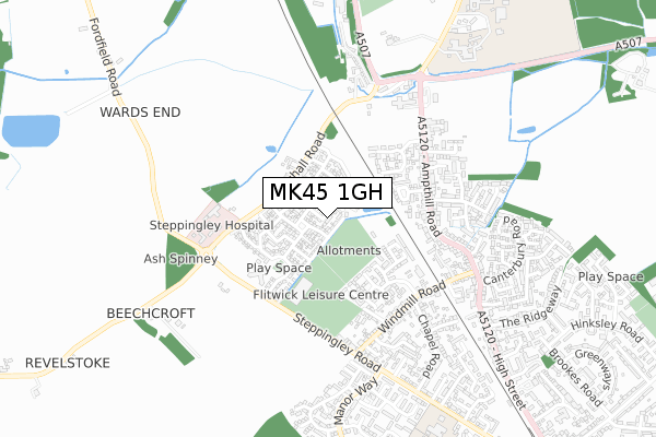 MK45 1GH map - small scale - OS Open Zoomstack (Ordnance Survey)