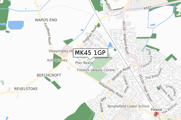 MK45 1GP map - small scale - OS Open Zoomstack (Ordnance Survey)