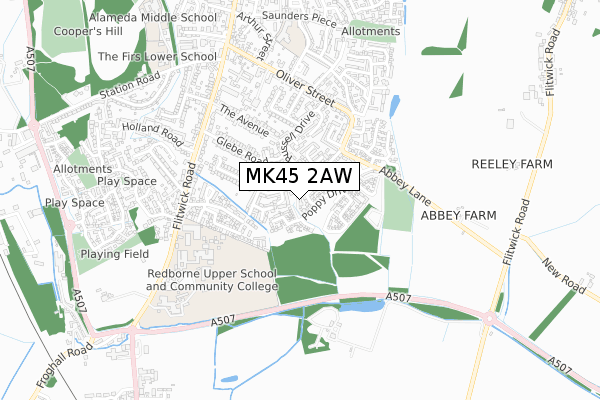 MK45 2AW map - small scale - OS Open Zoomstack (Ordnance Survey)