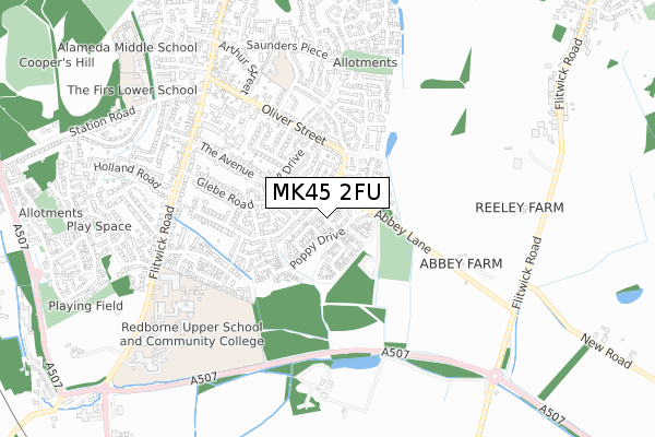 MK45 2FU map - small scale - OS Open Zoomstack (Ordnance Survey)