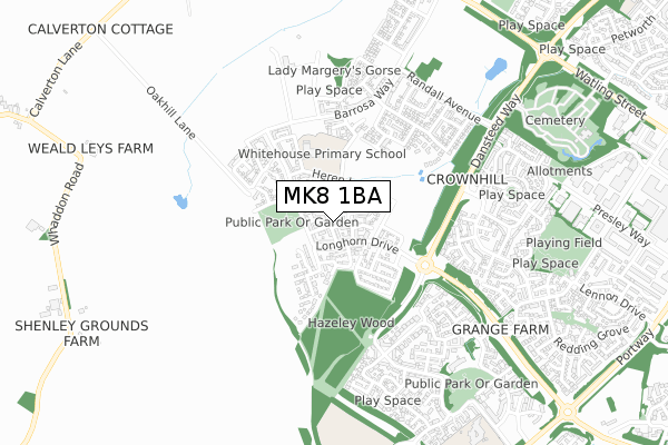 MK8 1BA map - small scale - OS Open Zoomstack (Ordnance Survey)