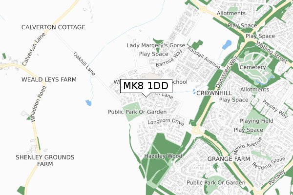 MK8 1DD map - small scale - OS Open Zoomstack (Ordnance Survey)