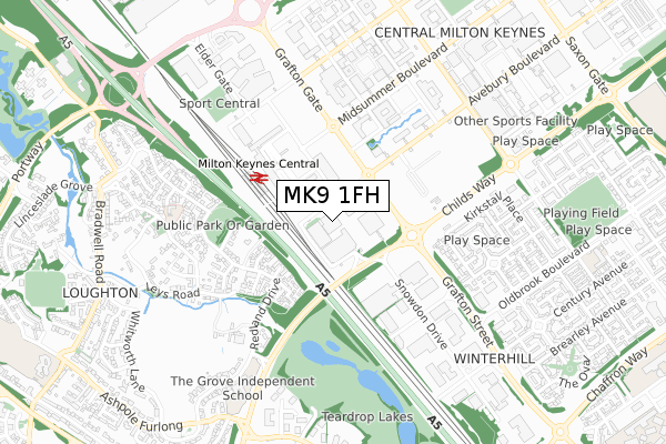 MK9 1FH map - small scale - OS Open Zoomstack (Ordnance Survey)