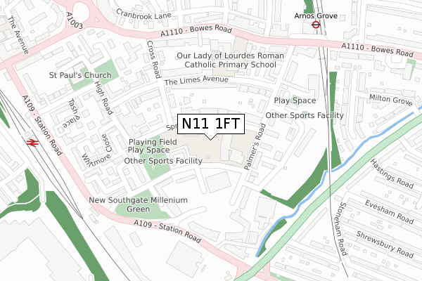 N11 1FT map - large scale - OS Open Zoomstack (Ordnance Survey)