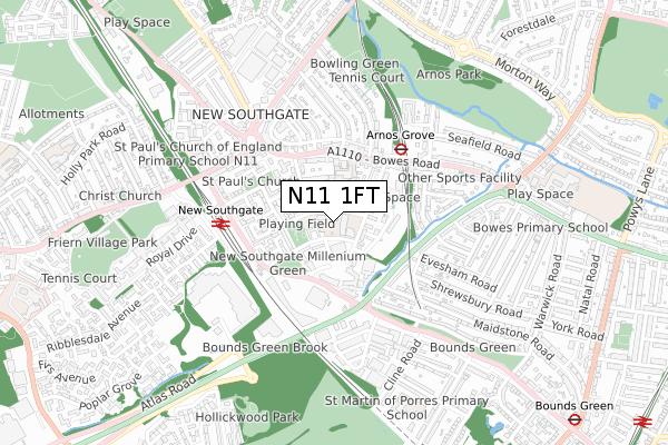 N11 1FT map - small scale - OS Open Zoomstack (Ordnance Survey)