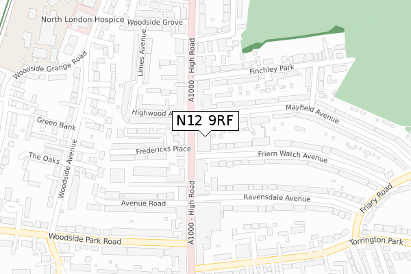 N12 9RF map - large scale - OS Open Zoomstack (Ordnance Survey)