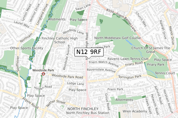 N12 9RF map - small scale - OS Open Zoomstack (Ordnance Survey)