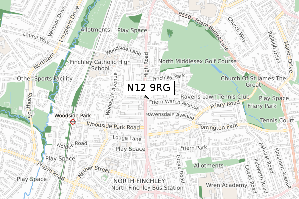 N12 9RG map - small scale - OS Open Zoomstack (Ordnance Survey)