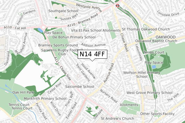 N14 4FF map - small scale - OS Open Zoomstack (Ordnance Survey)