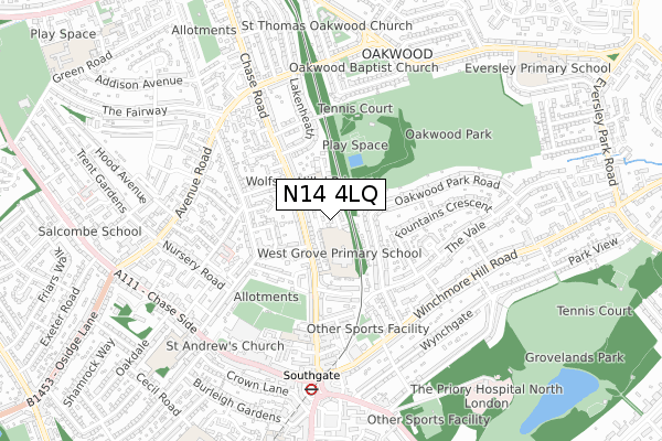 N14 4LQ map - small scale - OS Open Zoomstack (Ordnance Survey)