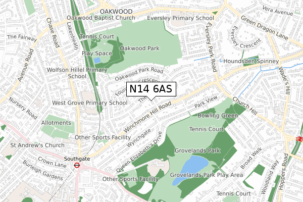 N14 6AS map - small scale - OS Open Zoomstack (Ordnance Survey)