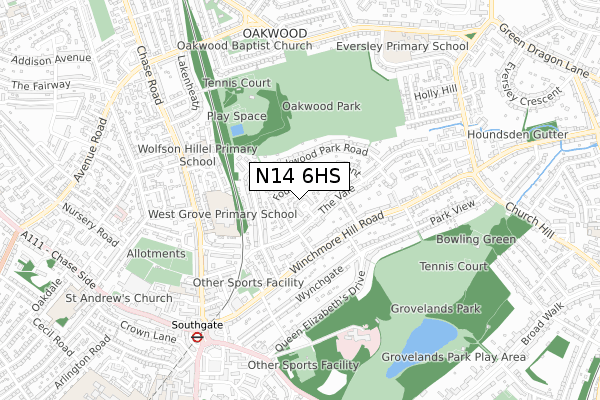 N14 6HS map - small scale - OS Open Zoomstack (Ordnance Survey)