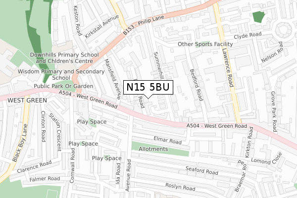 N15 5BU map - large scale - OS Open Zoomstack (Ordnance Survey)