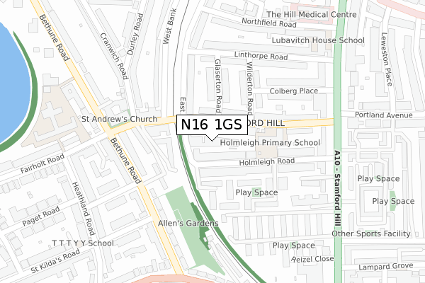 N16 1GS map - large scale - OS Open Zoomstack (Ordnance Survey)