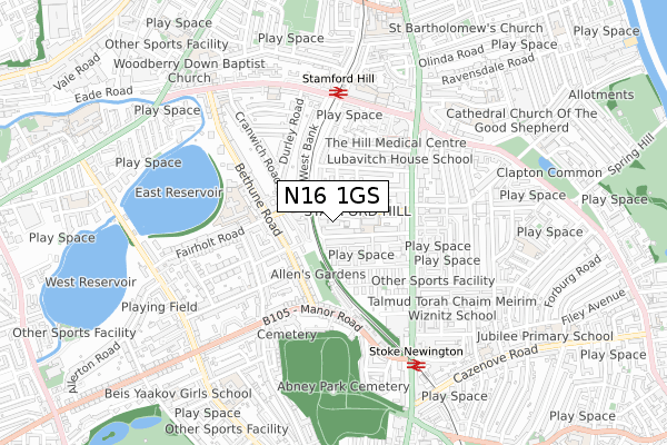 N16 1GS map - small scale - OS Open Zoomstack (Ordnance Survey)