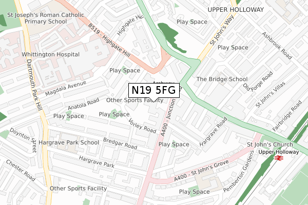 N19 5FG map - large scale - OS Open Zoomstack (Ordnance Survey)