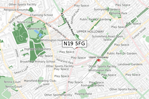 N19 5FG map - small scale - OS Open Zoomstack (Ordnance Survey)