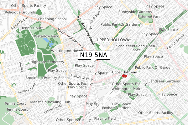 N19 5NA map - small scale - OS Open Zoomstack (Ordnance Survey)