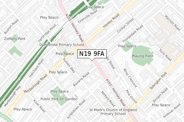 N19 9FA map - large scale - OS Open Zoomstack (Ordnance Survey)