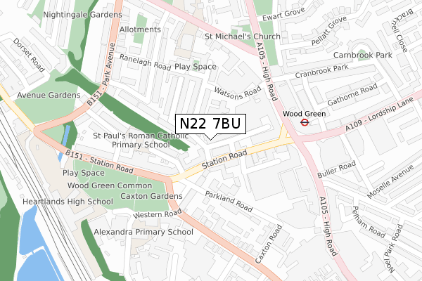 N22 7BU map - large scale - OS Open Zoomstack (Ordnance Survey)