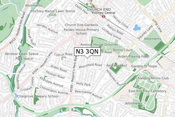 N3 3QN map - small scale - OS Open Zoomstack (Ordnance Survey)