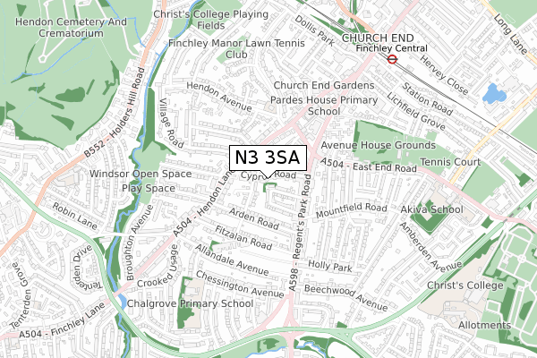 N3 3SA map - small scale - OS Open Zoomstack (Ordnance Survey)