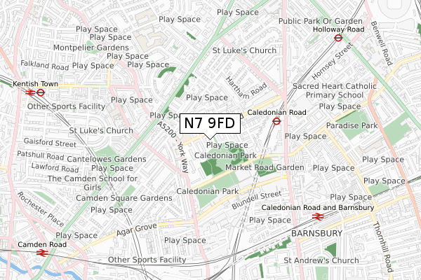 N7 9FD map - small scale - OS Open Zoomstack (Ordnance Survey)