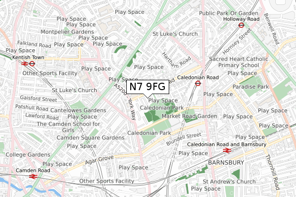 N7 9FG map - small scale - OS Open Zoomstack (Ordnance Survey)