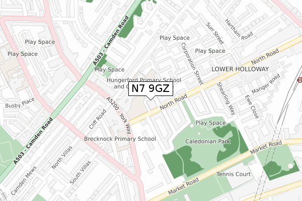 N7 9GZ map - large scale - OS Open Zoomstack (Ordnance Survey)