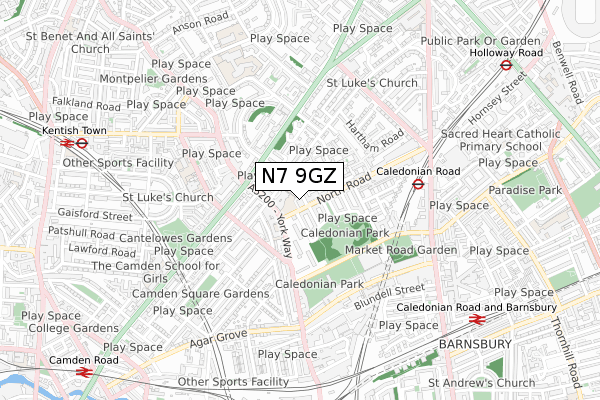 N7 9GZ map - small scale - OS Open Zoomstack (Ordnance Survey)