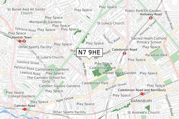 N7 9HE map - small scale - OS Open Zoomstack (Ordnance Survey)