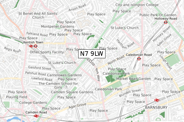 N7 9LW map - small scale - OS Open Zoomstack (Ordnance Survey)