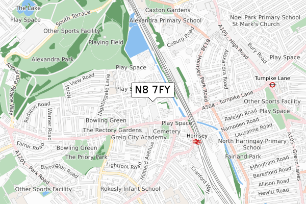 N8 7FY map - small scale - OS Open Zoomstack (Ordnance Survey)