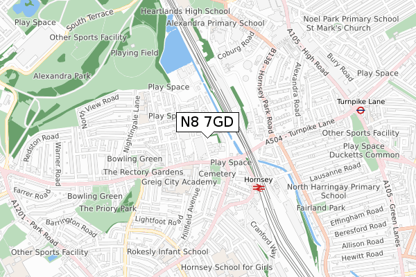 N8 7GD map - small scale - OS Open Zoomstack (Ordnance Survey)