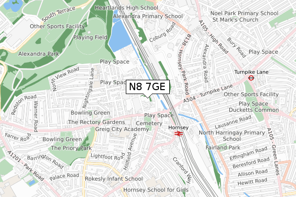 N8 7GE map - small scale - OS Open Zoomstack (Ordnance Survey)