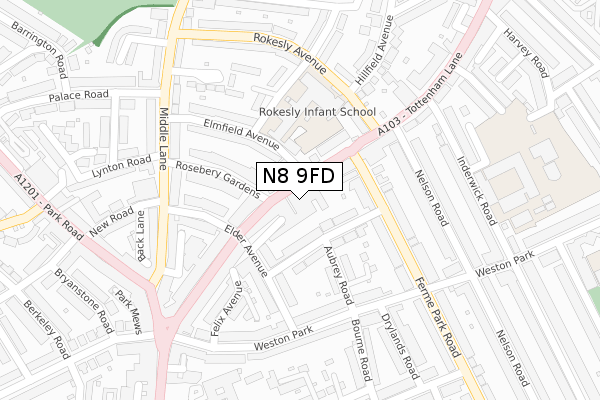 N8 9FD map - large scale - OS Open Zoomstack (Ordnance Survey)