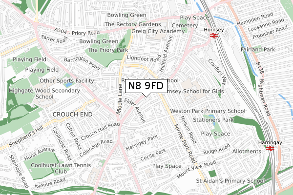 N8 9FD map - small scale - OS Open Zoomstack (Ordnance Survey)