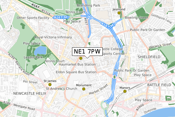 NE1 7PW map - small scale - OS Open Zoomstack (Ordnance Survey)