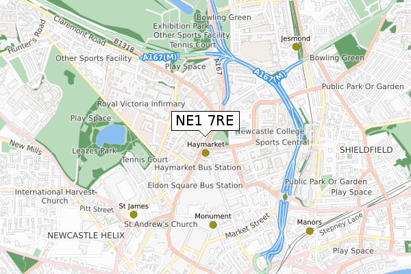 NE1 7RE map - small scale - OS Open Zoomstack (Ordnance Survey)