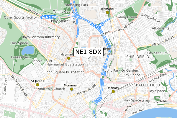 NE1 8DX map - small scale - OS Open Zoomstack (Ordnance Survey)